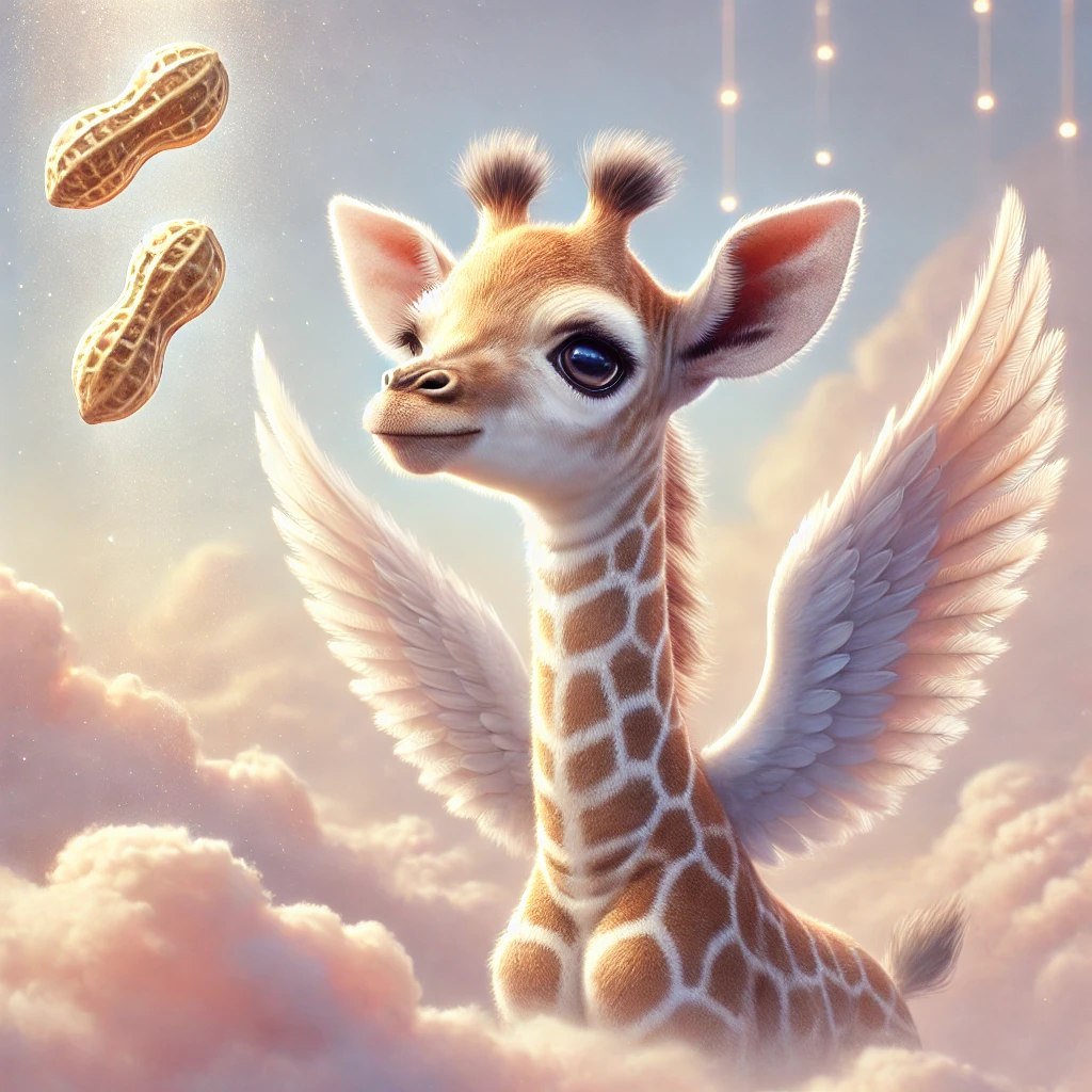 Angelic adolescent giraffe called Matu ascending into heaven chasing his nuts